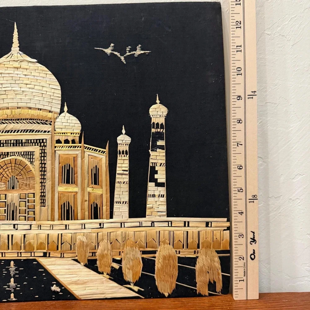 Vintage Straw Art Taj Mahal Wall Hanging India Reed Mosaic Mid Century Handmade‎